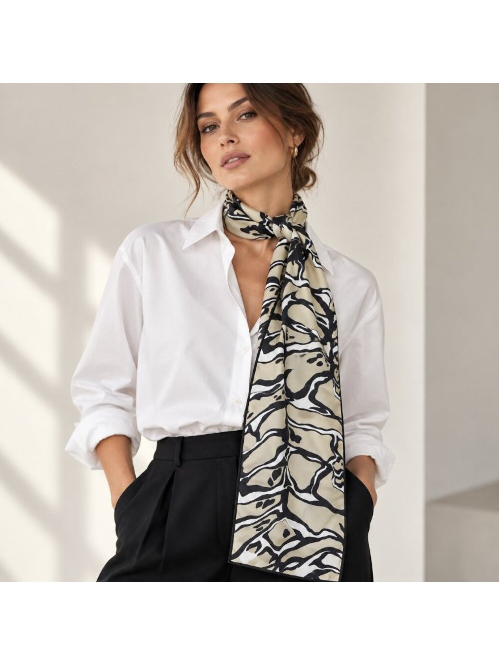 Echo Long Oblong Scarf Beige Black White Abstract Print 65” Statement Wrap